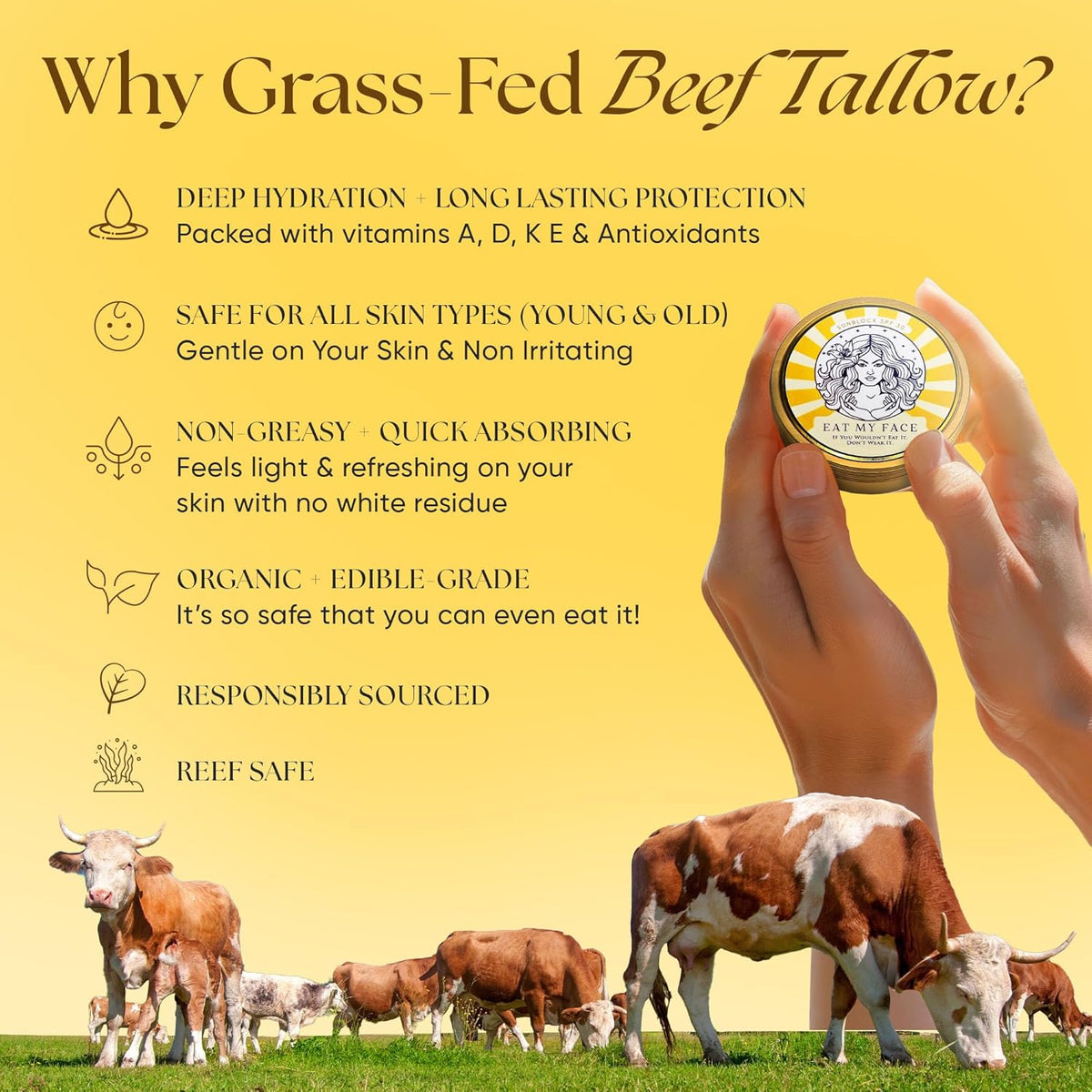 Beef Tallow Sunscreen Organic with Non Nano Zinc Oxide Formula for Daily Protection, 4oz Reef Safe