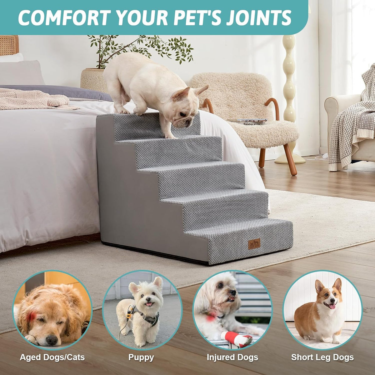 Dog Stairs for Small Dogs, 5 Tier Wider Pet Stairs for High Beds, 23.6" H Non-Slip Dog Steps for