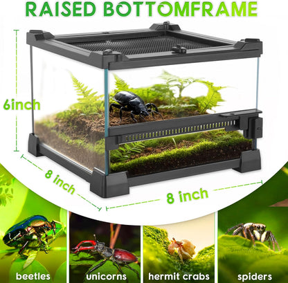 Mini Reptile Glass Terrarium 8"x8"x6" Durable Reptile Habitat Tank with Heat Resistant Aluminum