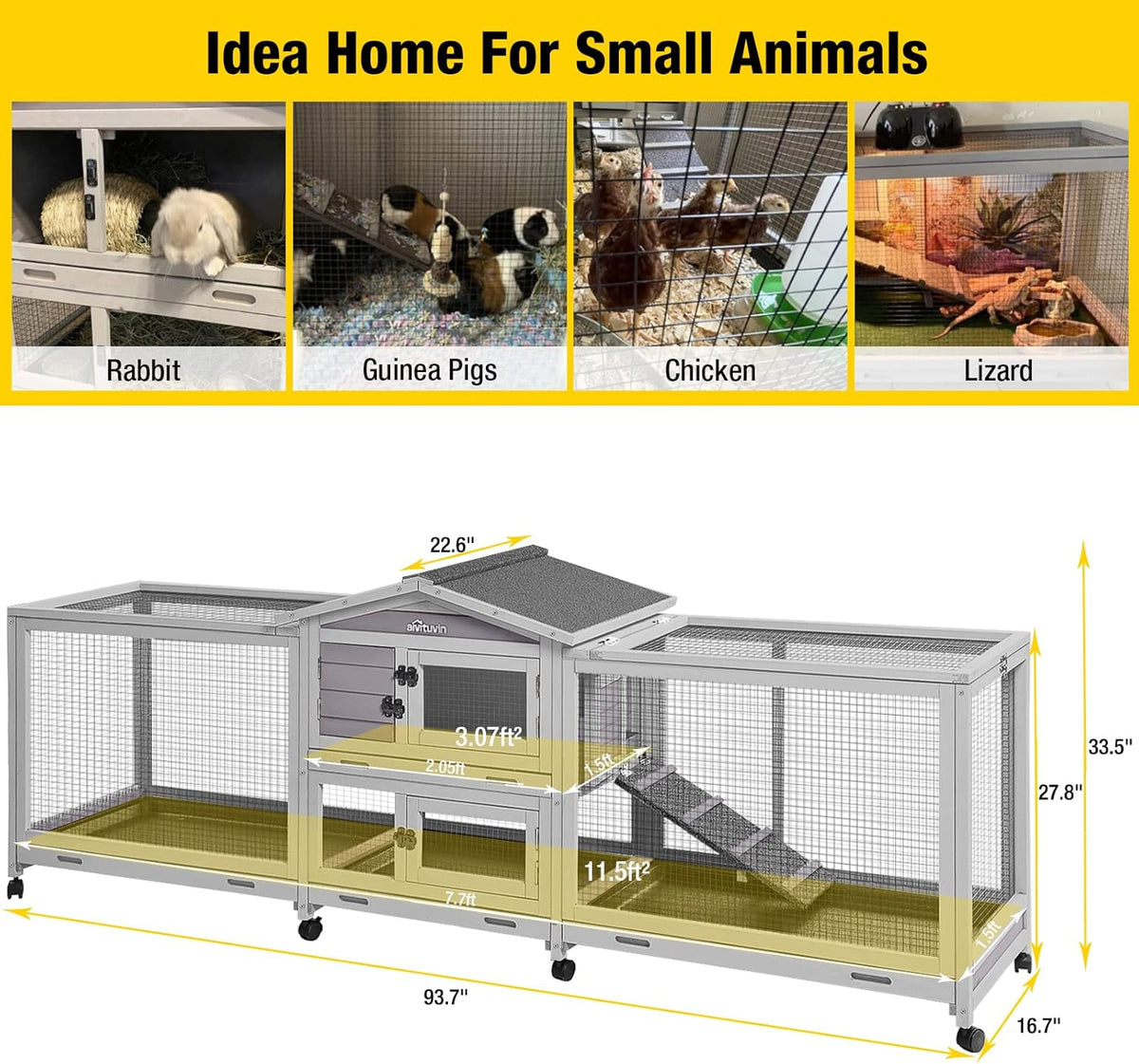 Aivituvin Rabbit Hutch 93.7" Large Rabbit Cage Indoor Outdoor Guinea Pig Cage Chicken Coop on