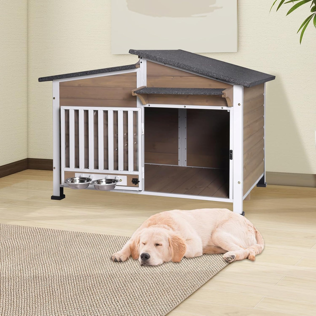 Chew-Resistant Dog House with Metal Frame, Wooden Kennel for Indoor & Outdoor Use, Waterproof Roof