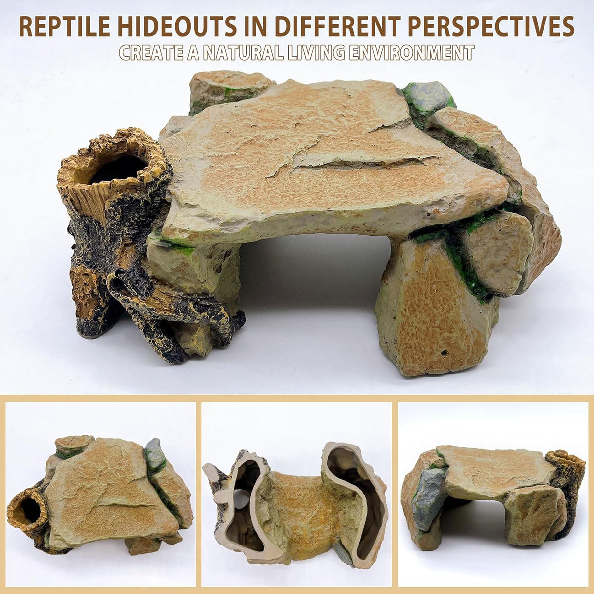 BNOSDM Reptile Hide Cave, Turtle Basking Platform, Terrarium Resin Rock Decor, Lizard Hideout Rocks