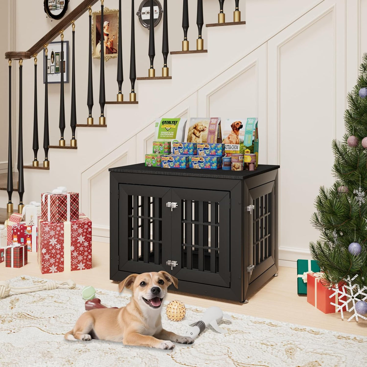 32" Heavy Duty Dog Crate Furniture for Small,Medium and Large Dogs,Rustic Wooden Dog Cage Kennel