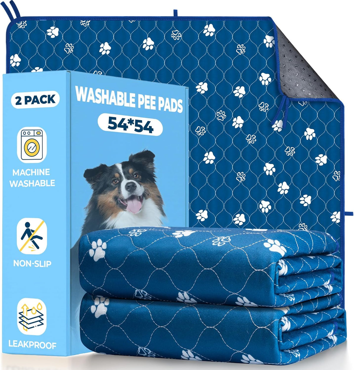 Fostanfly Washable Pee Pads for Dogs, 2 Pack Large 54"x54" Ultra-Absorbent and Leak-Proof Non-Slip