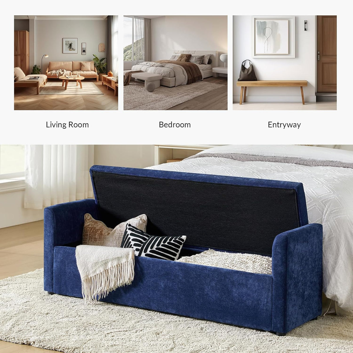 HULALA HOME Modern Storage Ottoman Bench with Throw Pillows, 59.4" Extra Long Bedroom Bench for End