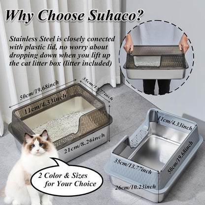 Suhaco Stainless Steel Litter Box Side Entry, Kitty Litter Mat and White Scoop Included Covered
