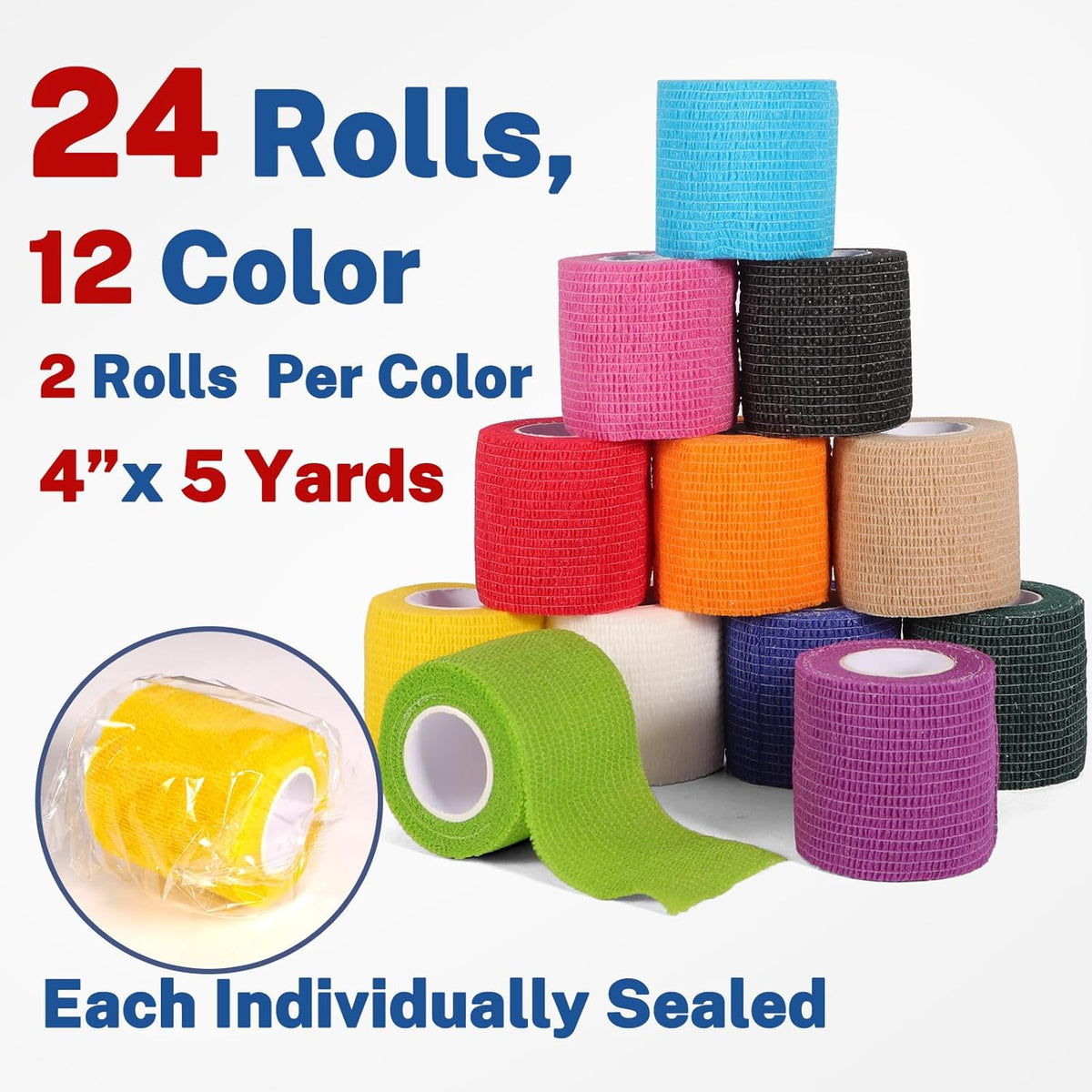24 Pack Self Adhesive Bandage Wrap 2 Inch, Cohesive Medical Tape for Sports, Elastic Vet Wrap for