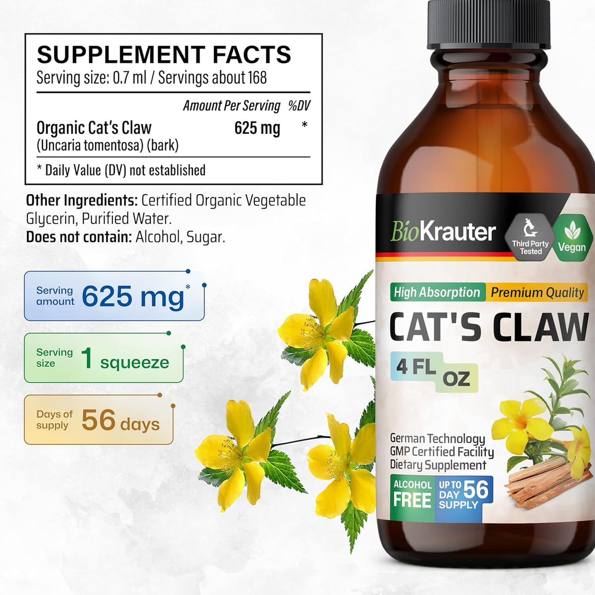 BIO KRAUTER Cats Claw Tincture - Liquid Cats Claw Herb for Immune Support - Alcohol & Sugar Free