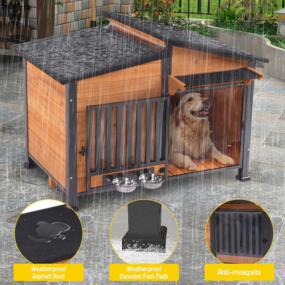 Chew-Resistant Dog House with Metal Frame, Wooden Kennel for Indoor & Outdoor Use, Waterproof Roof