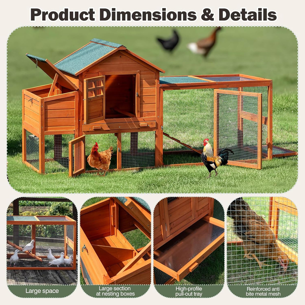 Chicken Coop for 4-6 Chickens Outdoor Wooden Hen House Poultry Pet Hutch for Backyard w/Run Cage &