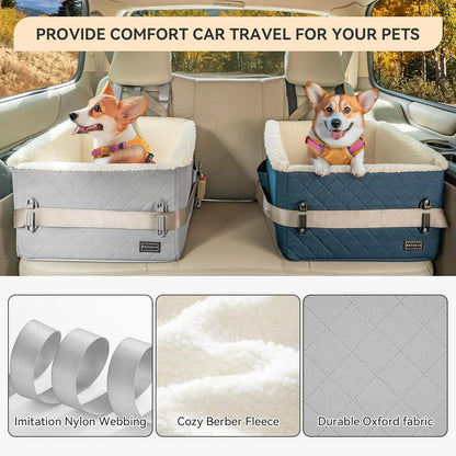 PETSFIT Small Dog Car Seat, Soft Foam Dog Booster Car Seat with Patented Safety Buckles, Storage