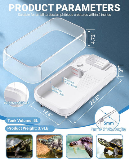 Large Turtle Tank Kit (Tank + Lamp + Filter), Acrylic Turtle Tank Starter Kit, Tank Aquarium with