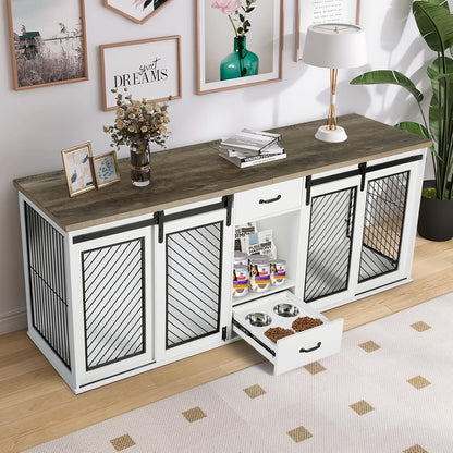 Extra Large Dog Crate Furniture, 85" Sliding Door Double Kennel for 2 Large Dogs Divided, Heavy