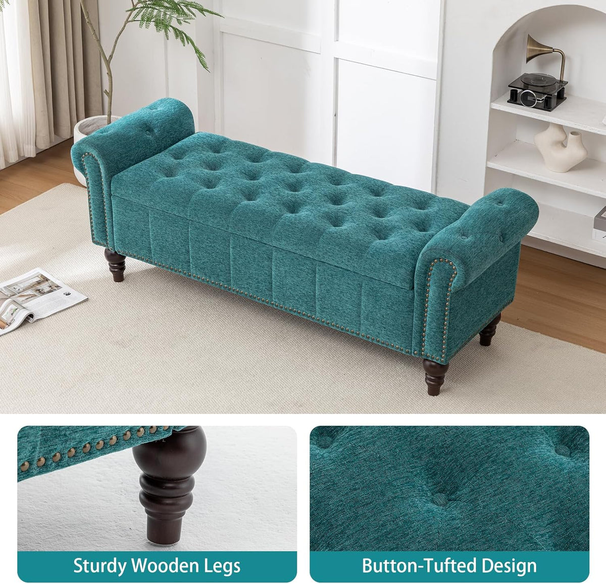 58’’ Storage Bench for Bedroom, Upholstered Button-Tufted Ottoman with Solid Wood Legs, Queen Size