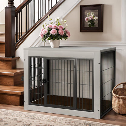 Bigrab Dog Crate Furinture with Thick Cushion, Side End Table Wooden Dog Cage with Double Doors