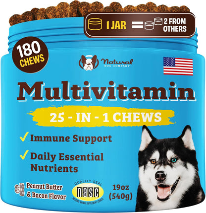 Natural Dog Company 25 in 1 Multivitamin Chews (180 Pcs) Dog Vitamins & Supplements, Peanut Butter