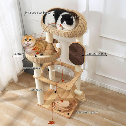 Solid Wood Cat Tree, 50 Inch Modern Cat Tower with Space Capsule, Hand-Woven Basket Nest, Sisal