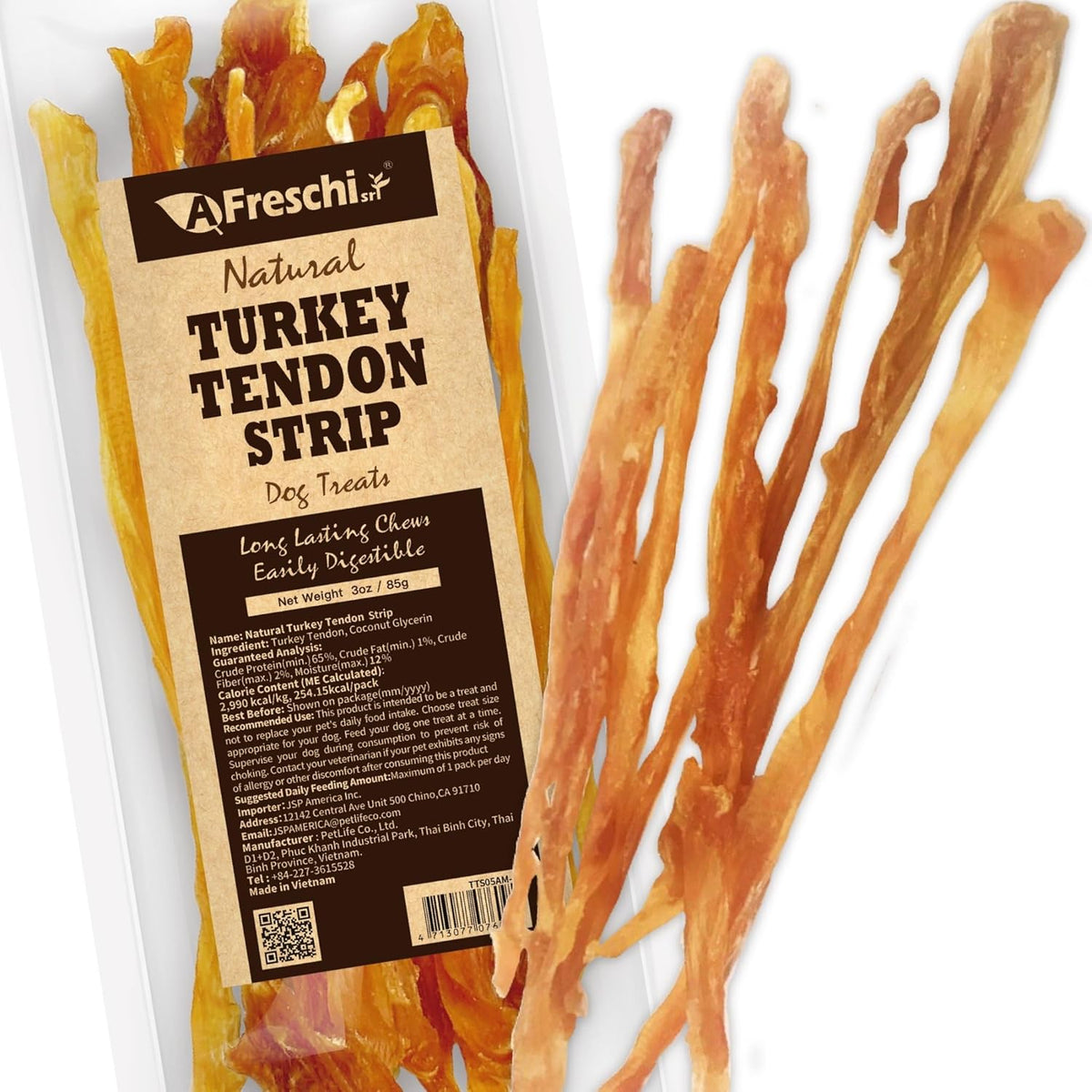 Afreschi Natural Turkey Tendon Strip 3 oz, All Natural Human Grade Puppy Chew, USA-Sourced Turkey