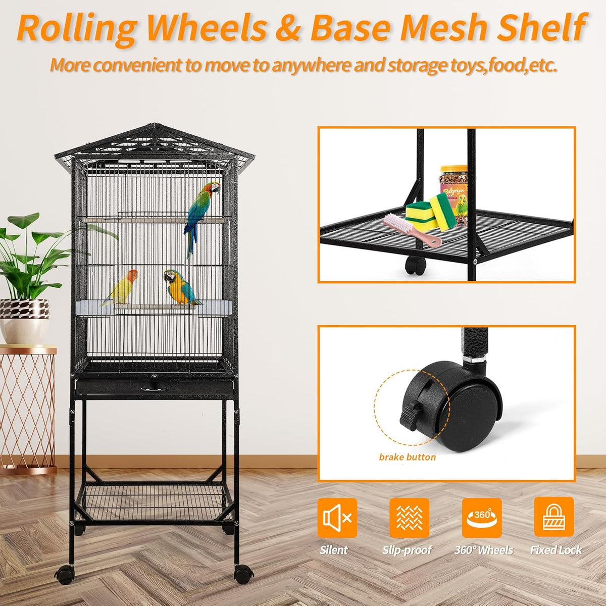 Bird Cage 47 inch Wrought Iron Parakeets Cage with Play Open Top and Rolling Stand Medium Small