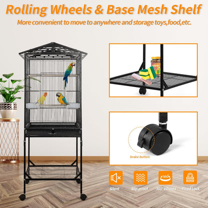 Bird Cage 47 inch Wrought Iron Parakeets Cage with Play Open Top and Rolling Stand Medium Small