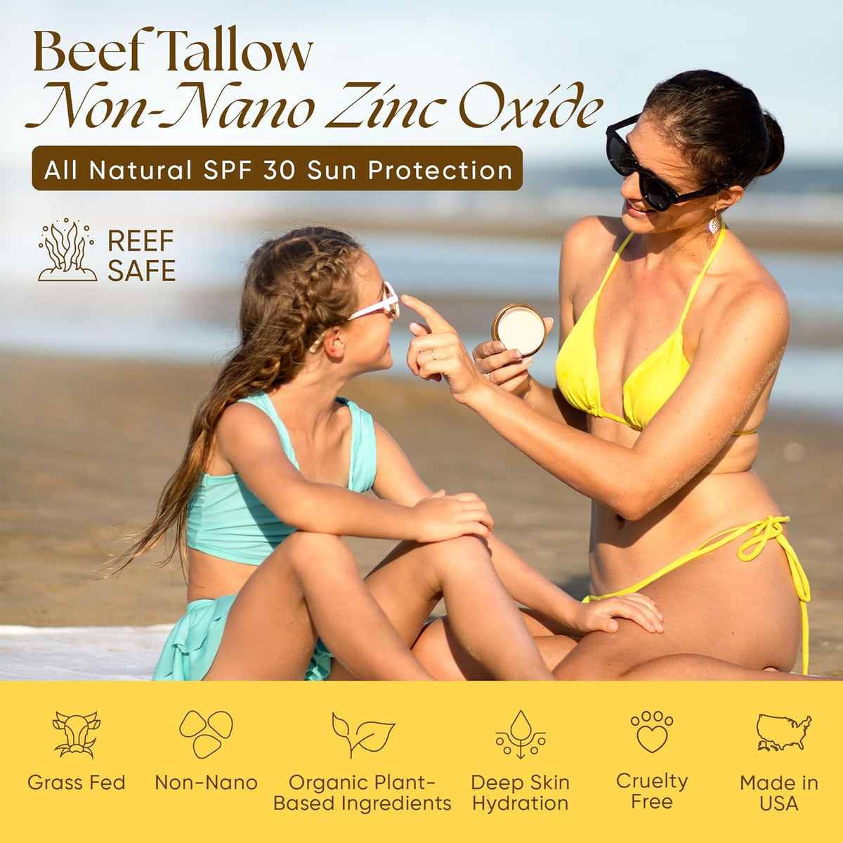 Beef Tallow Sunscreen Organic with Non Nano Zinc Oxide Formula for Daily Protection, 4oz Reef Safe