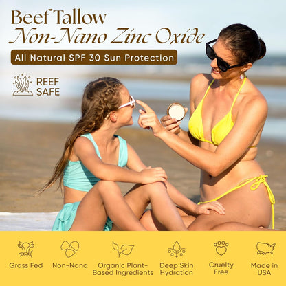 Beef Tallow Sunscreen Organic with Non Nano Zinc Oxide Formula for Daily Protection, 4oz Reef Safe