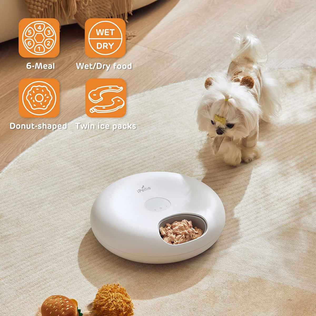 iPettie Donut Frost 6 Meal Cordless Automatic Pet Feeder, Dry & Wet Food Automatic Cat Feeder with