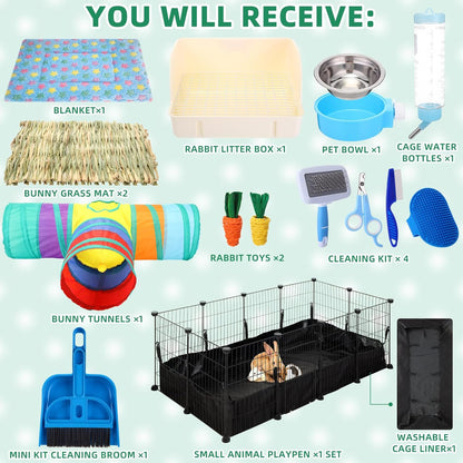 104 Pcs Rabbit Starter Kit Litter Box Bunny Tunnel Pet Playpen with Waterproof Mat Water Bottle