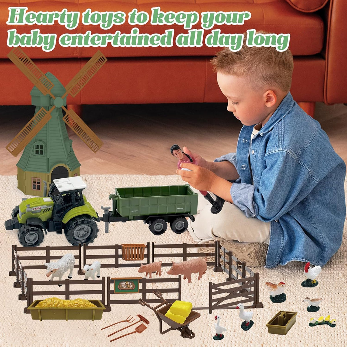 82PCS Farm Animals Toys Set Comes with Tractor Trailer, Windmill, Farmer, Fence - Playset for Kids