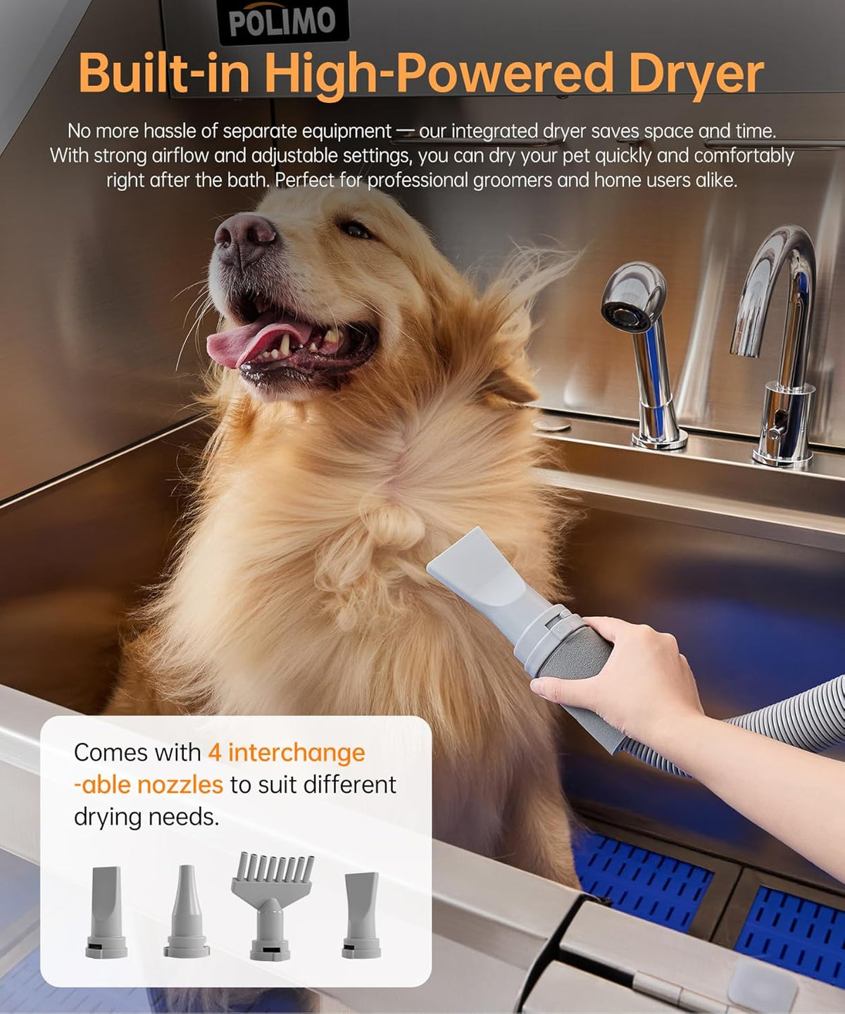 polimo Dog Washing Station with Dryer & LED, Professional Stainless Steel Grooming Tub, Dog Bathtub
