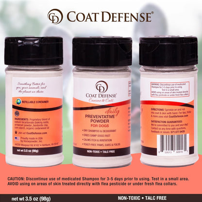 COAT DEFENSE Preventative Powder | Made in USA | 3.5oz Waterless Dog Shampoo & Pet Deodorizer for