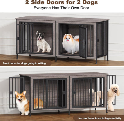 EasyCom 63" Dog Cage Furniture for 2 Pets with Divider, XL Wooden Double Dog Crate Furniture TV