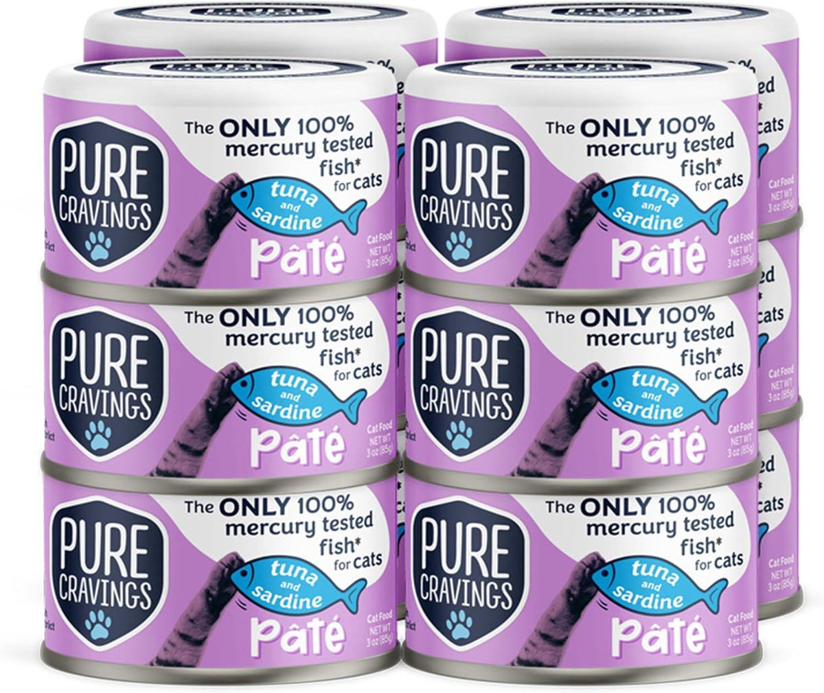 Tuna and Sardine Pate, Canned Wet Cat Food, 100% Mercury-Tested, Moist Can Fish, Grain-Free