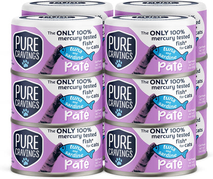 Tuna and Sardine Pate, Canned Wet Cat Food, 100% Mercury-Tested, Moist Can Fish, Grain-Free