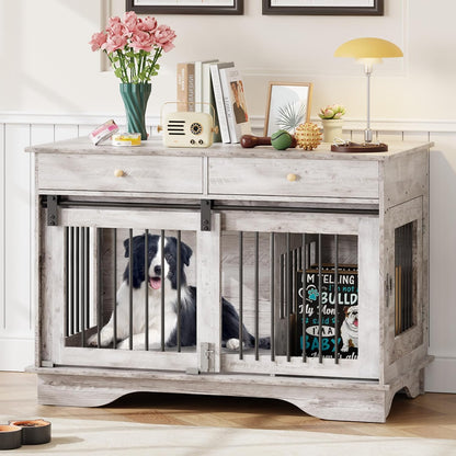 Dog Furniture Crate, 47" Large Dog Crate Furniture w/ 2 Storage Draws & Removable Divider for