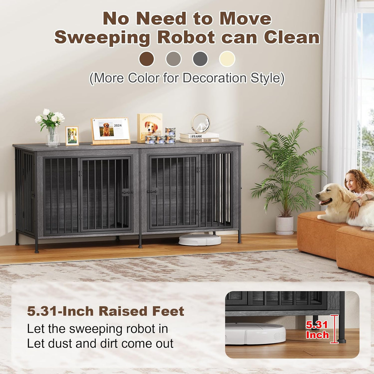 EasyCom 78 Inch Dog Cage Furniture for 2 Pets with Divider, XXL Wooden Double Dog Crate Furniture