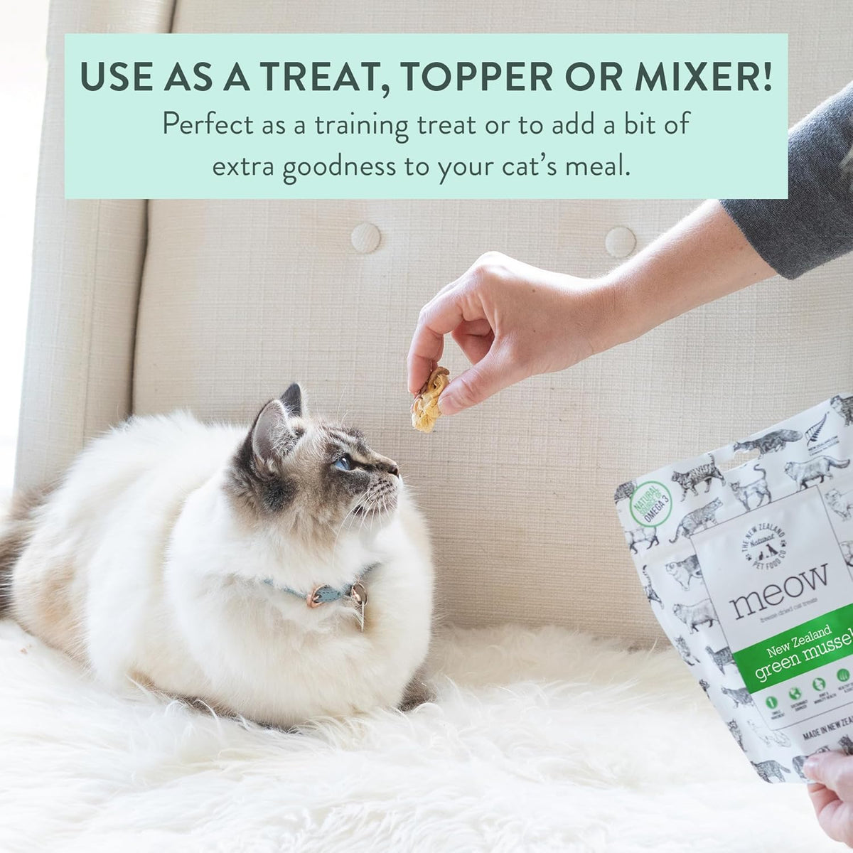 Meow Freeze Dried Cat Treats - New Zealand Green Mussel, High Protein, Healthy Cat Snacks and
