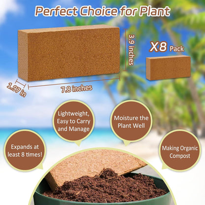 Riare 8pcs Organic Coco Coir Bricks Soil Blocks- 100% Natural Compressed Coco Peat Brick Coconut