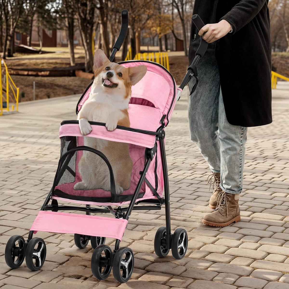MoNiBloom 4 Wheels Pet Stroller, Easy-Fold Puppy Cage Jogger Stroller with Sun Cover, Pad and Rear