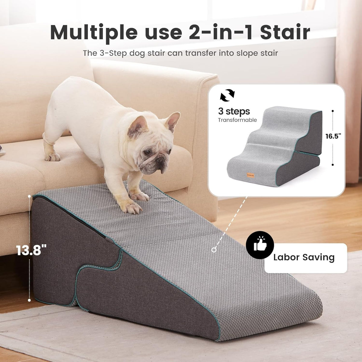 Gardner Pet Dog Stairs for Small Dogs 16.5" H, 2 in 1 Transformable 3-Step Pet Stairs and ramp, Dog