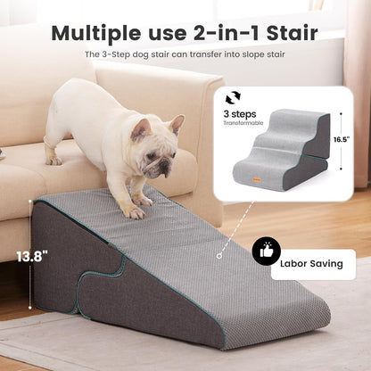 Gardner Pet Dog Stairs for Small Dogs 16.5" H, 2 in 1 Transformable 3-Step Pet Stairs and ramp, Dog