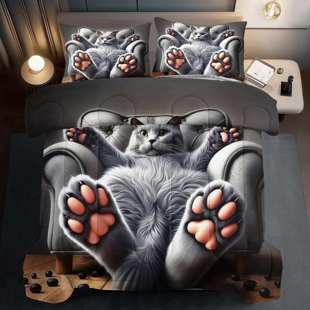 Cute Cat Comforter Set Full,Grey Kawaii Cat Bedding Set Adult,Cute Animal Comforter for
