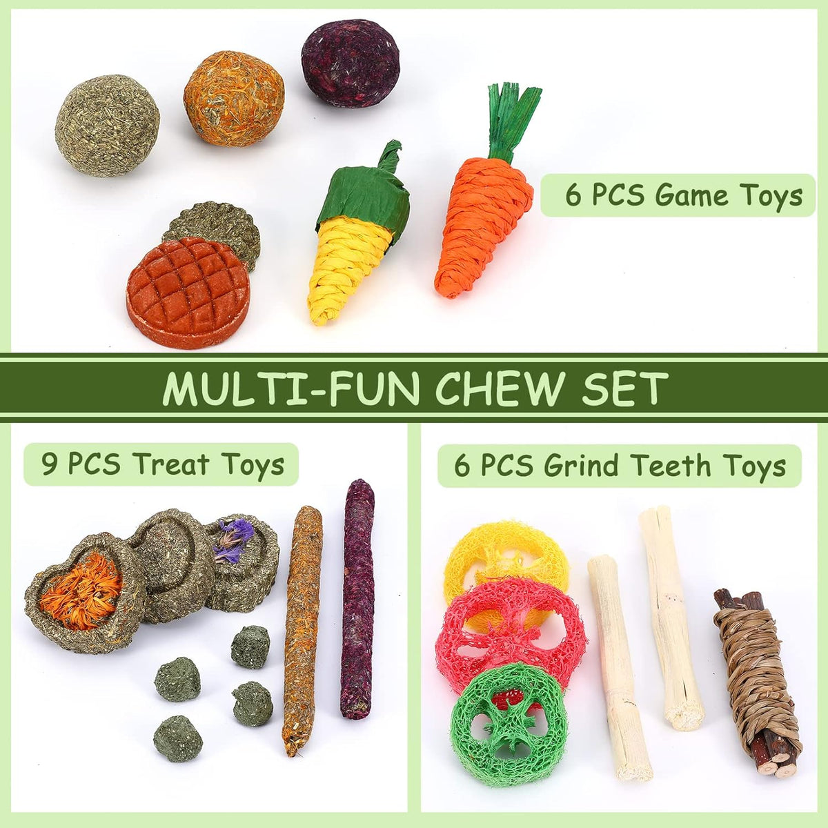 VESPRO Bunny Toys, 21PCS Rabbit Chew Toys for Teeth, Guinea Pig Natural Treats, Timothy Hay Sticks