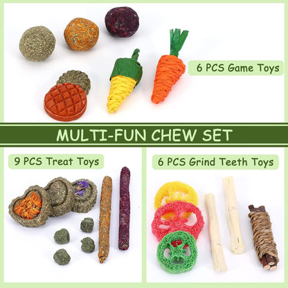 VESPRO Bunny Toys, 21PCS Rabbit Chew Toys for Teeth, Guinea Pig Natural Treats, Timothy Hay Sticks