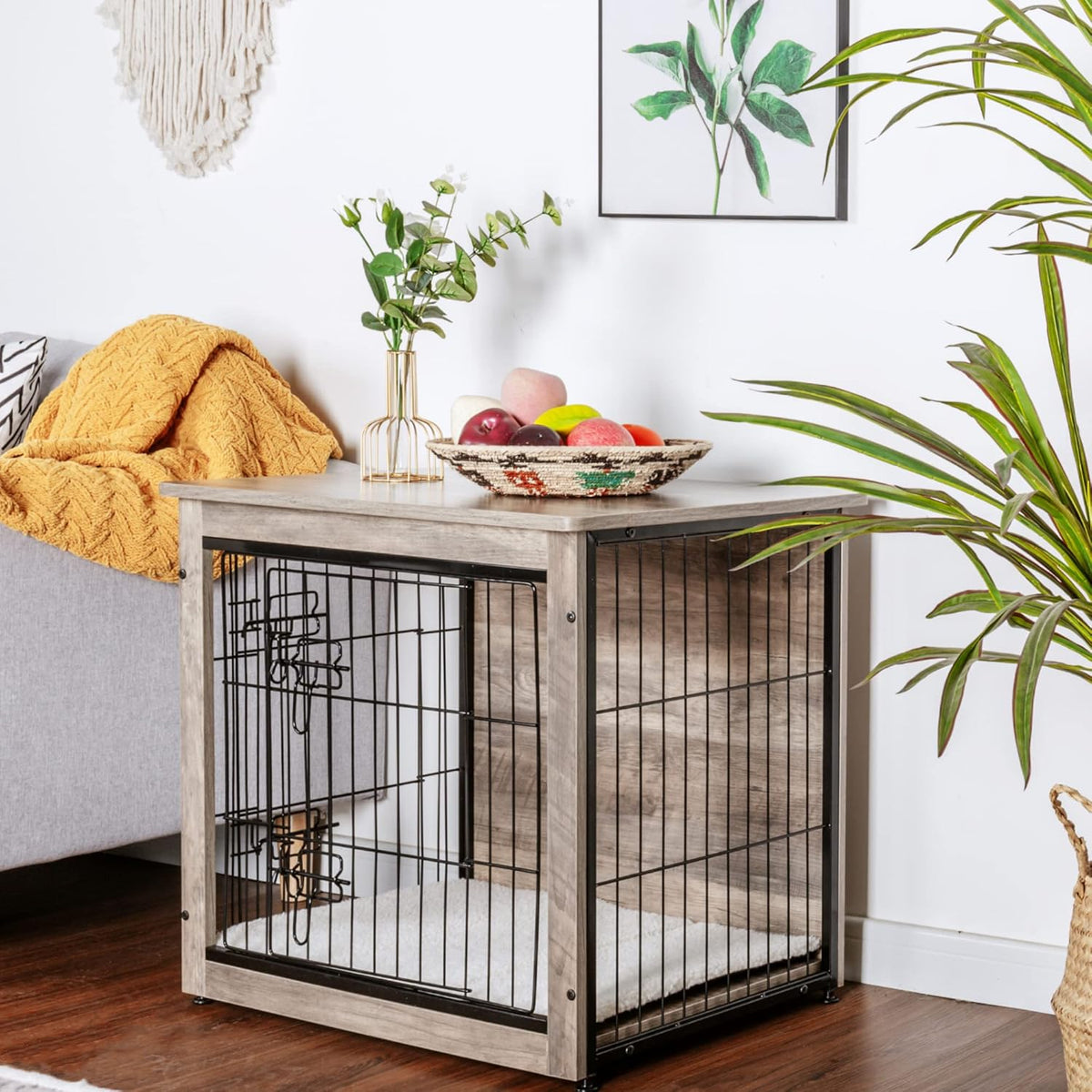 DWANTON Dog Crate Furniture with Cushion, Wooden Kennel Table with Double Doors, Indoor Dog House