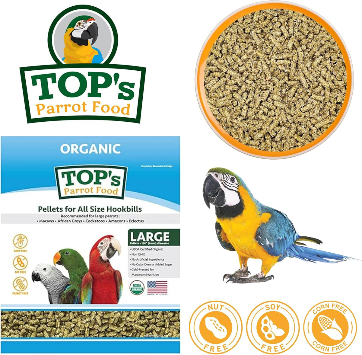TOP's Parrot Food Pellets Hookbills, Small, Medium and Large Parrots - USDA Organic Certified - 25