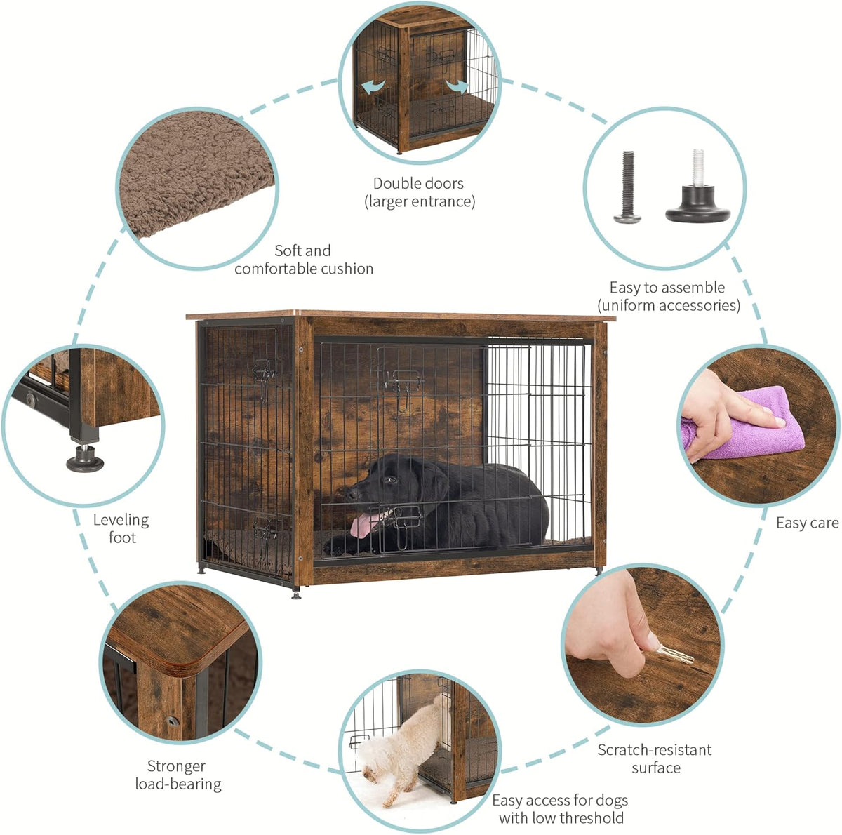DWANTON Dog Crate Furniture with Cushion, Wooden Kennel Table with Double Doors, Indoor Dog House