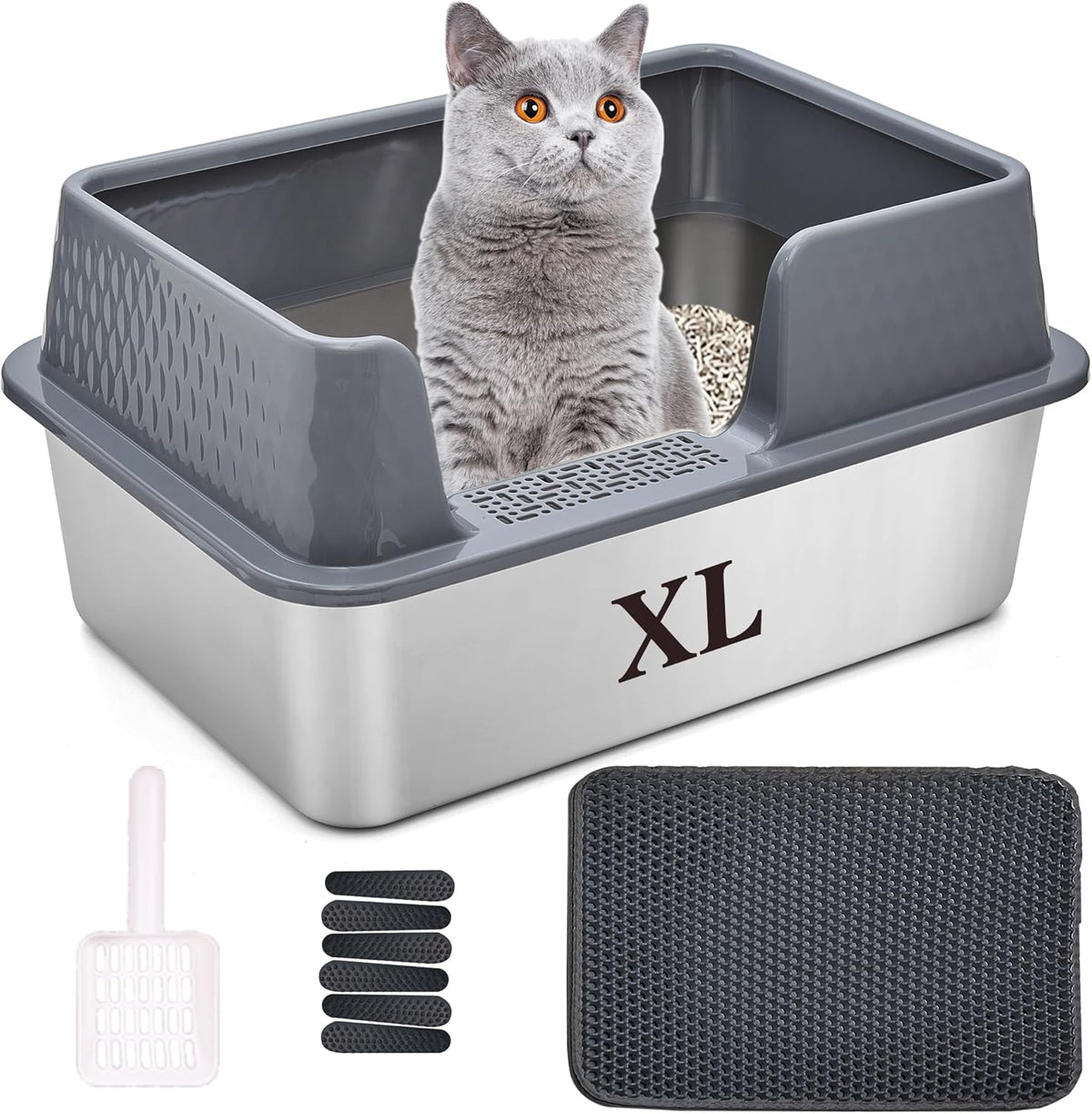 Suhaco Stainless Steel Litter Box Side Entry, Kitty Litter Mat and White Scoop Included Covered
