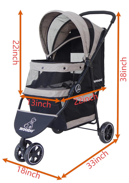 ROODO 3 Wheel Dog Pet Cat Stroller Best Lightweight Foldable Compact Portable Jogger All Terrain