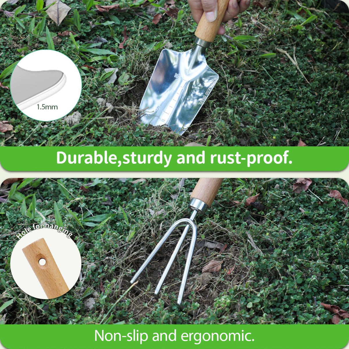 Garden Tool Set, 2 Pieces Stainless Steel Heavy Duty Garden Tools, Gardening Kit with Wooden Handle